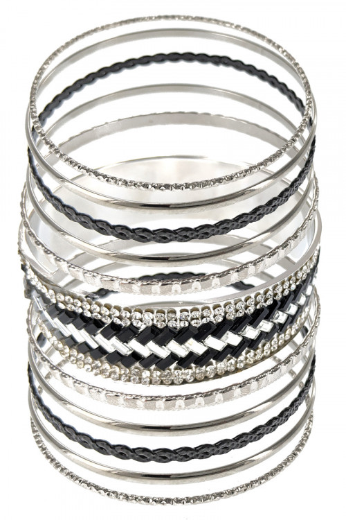 S1-8-4-LBBR33-0051RD MULTI LINE 11PC BLACK, SILVER AND WHITE, MULTIDESIGN BANGLES SET/3SETS