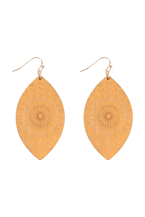 A1-1-1-C1E2383NAT - WOOD MANDALA PRINT MARQUISE EARRINGS-NATURAL/1PC