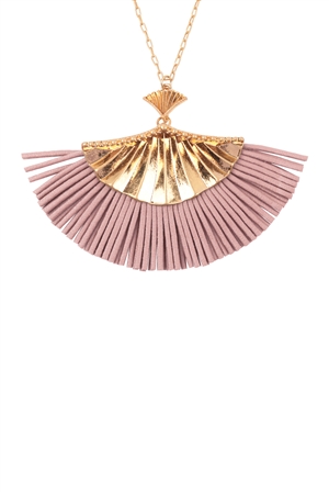 S18-10-3-C1N2271DPK - 30 INCH FAN SHAPED PU LEATHER FRINGE LONG NECKLACE-DUSTY PINK/1PC