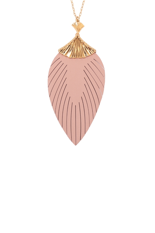 SA3-2-3-C1N2773DPK - 30 INCH LEAF SHAPED PU LEATHER FRINGE LONG NECKLACE-DUSTY PINK/1PC