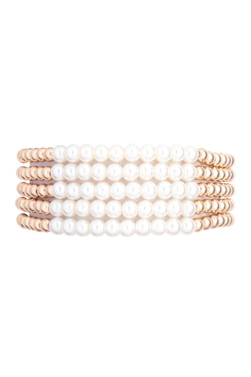 A1-1-2-CB3126CRM-GD - PEARL CCB 5 SET STRETCH BRACELET - CREAM-GOLD/6PCS