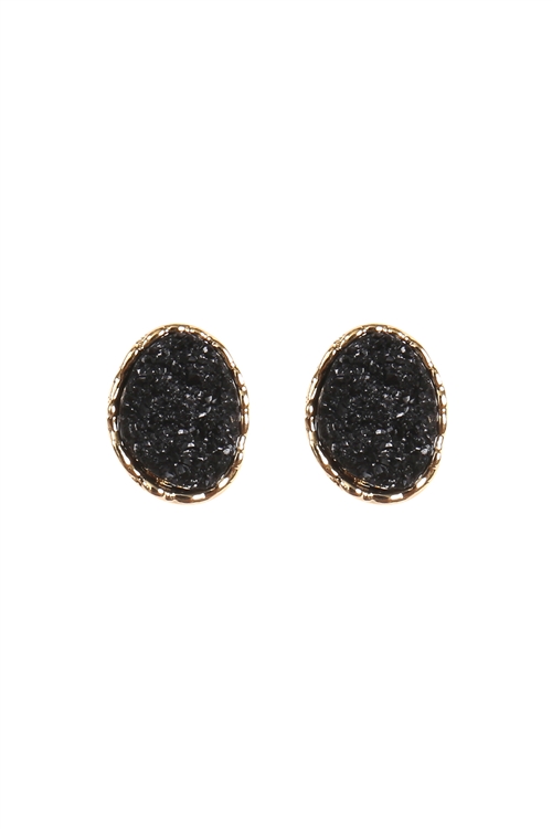 A1-1-1-CE-1015-BK - OVAL DRUZY STONE POST EARRINGS-GOLD BLACK/1PC