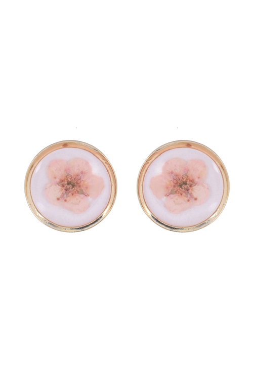 S1-6-5-CE-1563-PK - NATURAL FLOWER PRESSED ROUND STUD EARRINGS - PINK/1PC