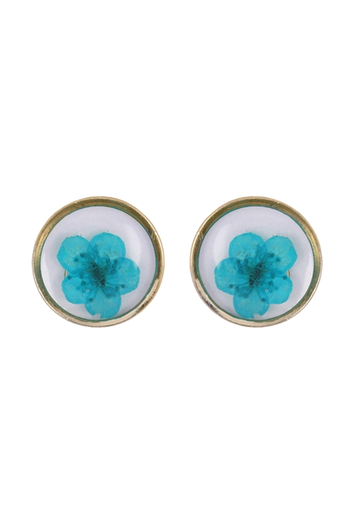 S1-6-5-CE-1563-TL - NATURAL FLOWER PRESSED ROUND STUD EARRINGS - TEAL/1PC