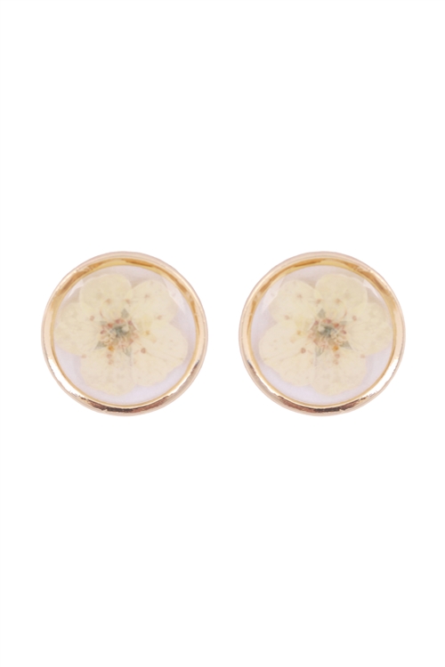 S1-6-5-CE-1563-WT - NATURAL FLOWER PRESSED ROUND STUD EARRINGS - WHITE/1PC