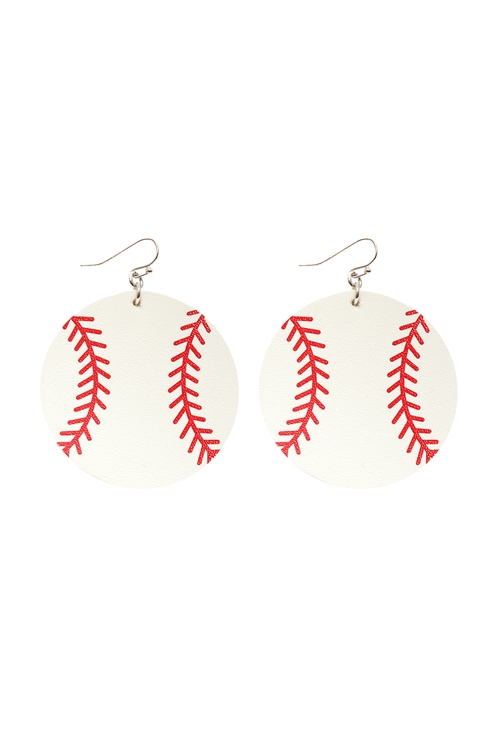 S4-4-4-CE1758RDWHT - BASEBALL LEATHER FABRIC EARRINGS/6PCS