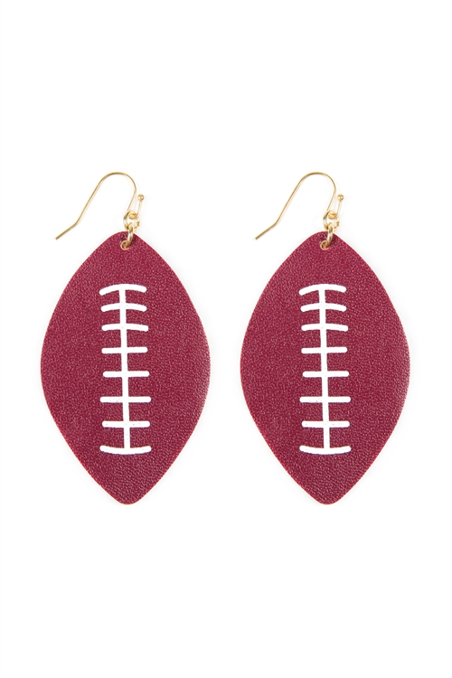 A3-2-1-CE1824BNDWHT - FOOTBALL LEATHER EARRINGS - BURGUNDY-WHITE/6PCS