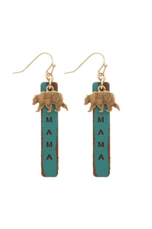 S1-7-3-CE1903WGTQS - LEATHER METAL BEAR STAMP EARRINGS-MATTE GOLD TURQUOISE/6PCS