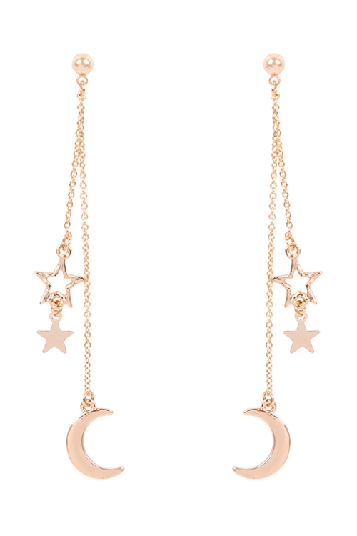 S6-6-2-CE19306G - STAR, MOON DANGLING CHAIN POST EARRINGS - GOLD/6PCS