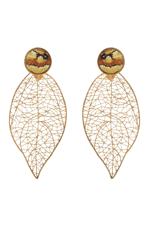 S6-5-1-CE1985WGPJA - METAL SEMIWOOD LEAF FILIGREE POST EARRINGS - MATTE GOLD BROWN/6PCS