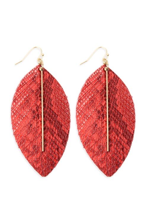 S22-9-2-CE1995WGCRL - LEATHER FEATHER SNAKESKIN FISH HOOK BAR EARRINGS - CORAL/6PCS