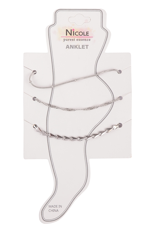 S20-4-4-CE2009S - TWISTED, ARROW MULTI CHAIN ANKLET ASSORTED SET- SILVER/12PCS