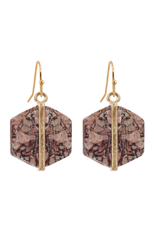 A2-3-3-CE2033WGPNK - METAL SEMI WOOD FISH HOOK HEXAGON EARRINGS - PINK/1PC