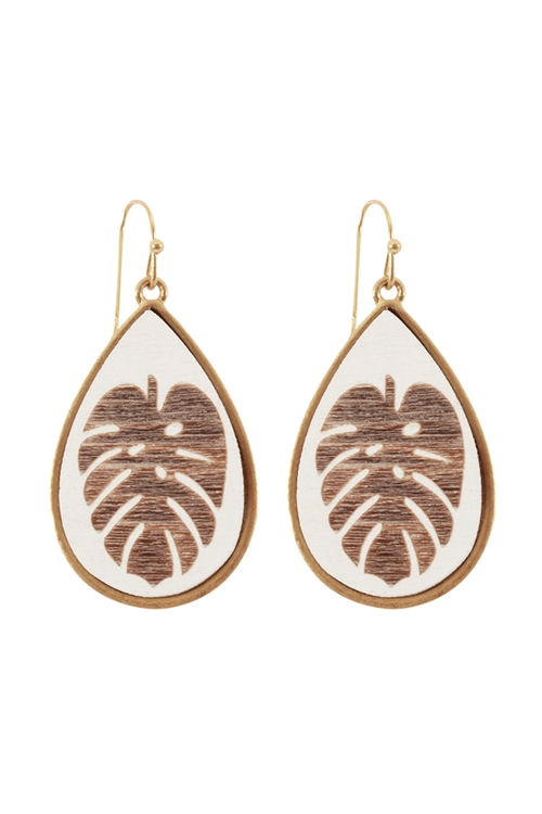 SA3-2-3-CE2787WGWHT - WOOD LASERCUT FISH HOOK TEARDROP EARRINGS - MATTE GOLD WHITE/6PCS