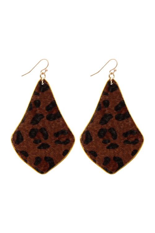 S7-6-1-CE3277GDBRN - LEOPARD PRINT LEATHER DROP FISH HOOK EARRINGS - BROWN/6PCS (NOW $1.25 ONLY!)