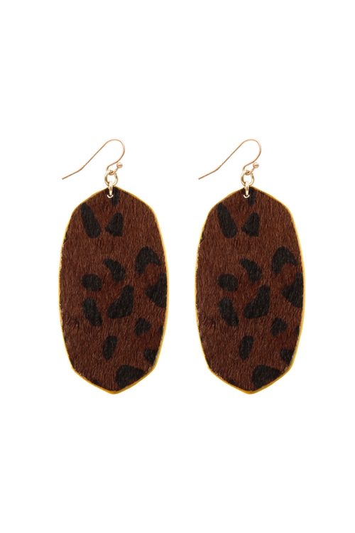 SA4-2-2-CE3278GDBRN - LEOPARD PRINT LEATHER OVAL DROP FISH HOOK EARRINGS-BROWN/6PCS (NOW $1.25 ONLY!)