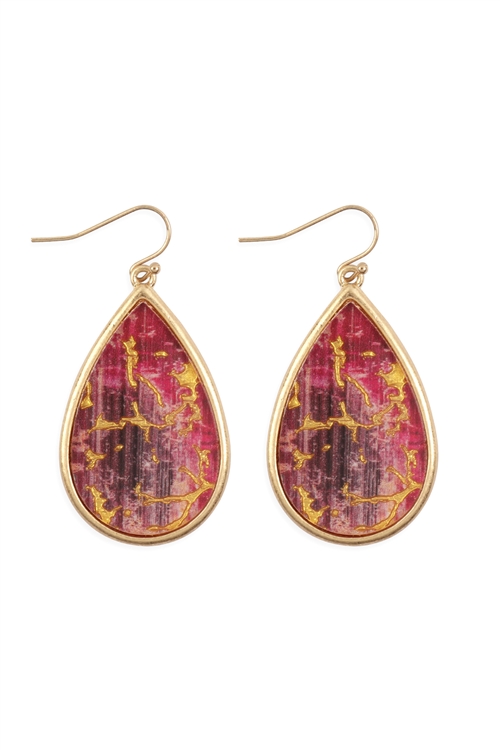 S21-6-2-CE3379WGBND - SEMIWOOD FLAKE HOOK TEARDROP EARRINGS-BURGUNDY/6PCS