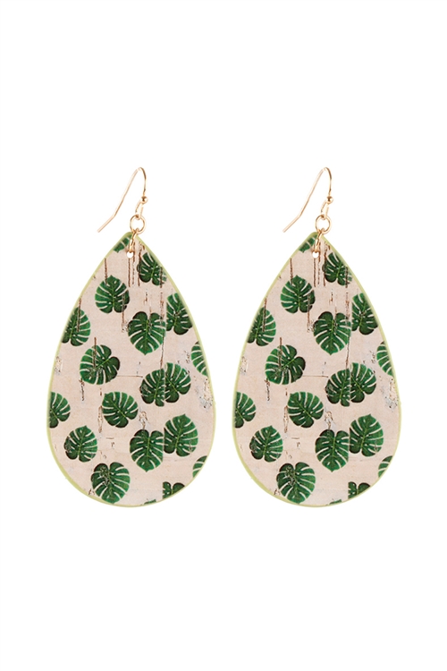 S5-5-4-CE3447GDGRN - LEATHER PLANTERA TEAR DROP FISH HOOK EARRINGS - GREEN/6PCS