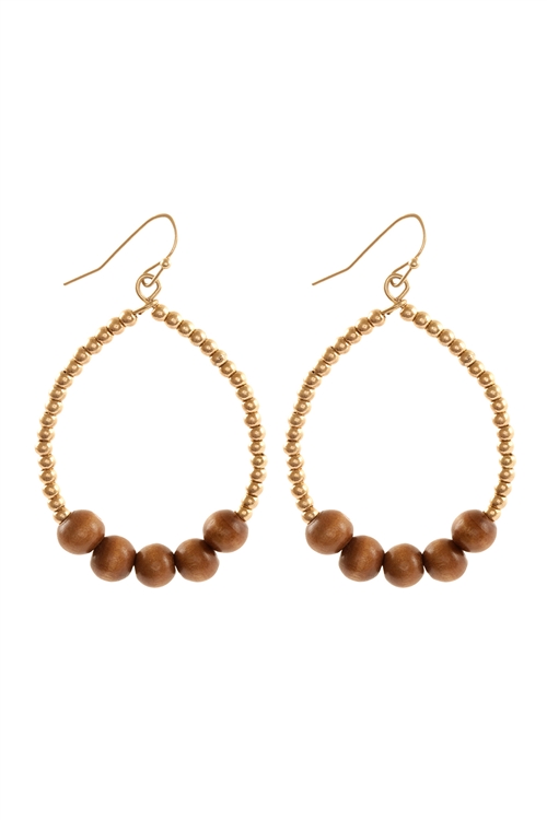 S1-1-1-CE3954WGBRN - WOOD CCB TEARDROP BOHO EARRINGS-MATTE GOLD BROWN/6PCS