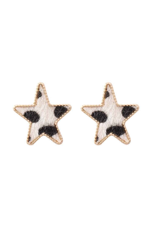 S24-8-1-CEA317WGMWH -STAR LEOPARD LEATHER POST EARRINGS-MATTE GOLD LIGHT WHITE/6PAIRS