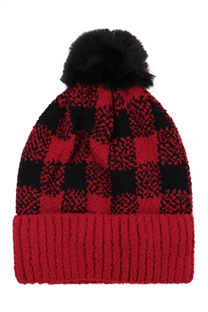 S17-6-3-CH1907RED - BUFFALO PLAID DOUBLE BEANIE-RED/1PC