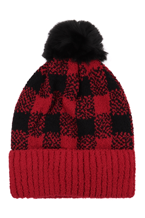 S17-6-3-CH1907RED - BUFFALO PLAID DOUBLE BEANIE-RED/1PC