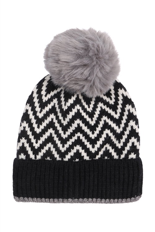 S2-6-3-CH3906BLK - KNITTED CHEVRON PRINT POMPOM BEANIE-BLACK/1PC