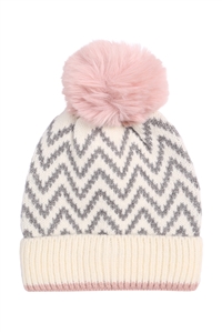 S2-6-2-CH3906PIN - KNITTED CHEVRON PRINT POMPOM BEANIE-PINK/1PC