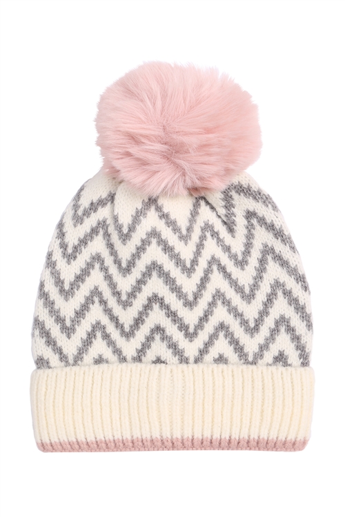 S2-6-2-CH3906PIN - KNITTED CHEVRON PRINT POMPOM BEANIE-PINK/1PC
