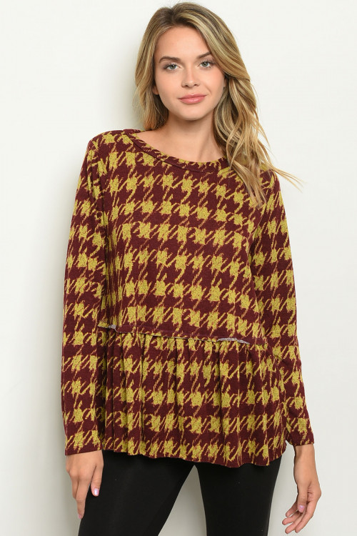 S16-12-1-T3335 BURGUNDY MUSTARD PRINT TOP 1-1-1