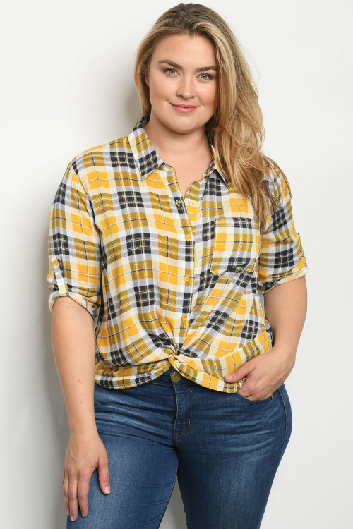 S21-3-3-T9797X MUSTARD CHECKERED PLUS SIZE TOP 2-2-2