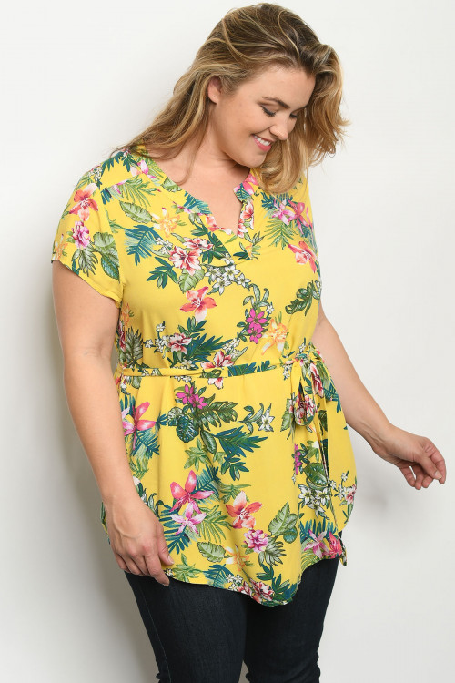 S20-10-2-T10268X YELLOW FLORAL PLUS SIZE TOP 3-2-2