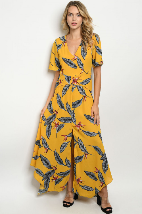 S20-12-2-D1575 MUSTARD WITH LEAVES PRINT DRESS 4-2-1
