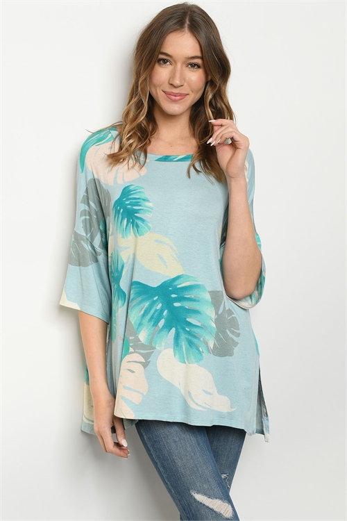 C20-B-1-T9450 BLUE WITH LEAVES PRINT TOP 2-2-2