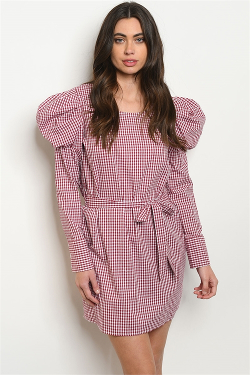 S18-13-5-D10108 BURGUNDY CHECKERED DRESS 2-2-2