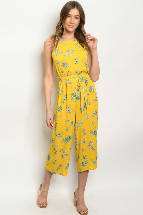S16-3-1-J6987 YELLOW WITH LEAVES PRINT JUMPSUIT 2-2-2
