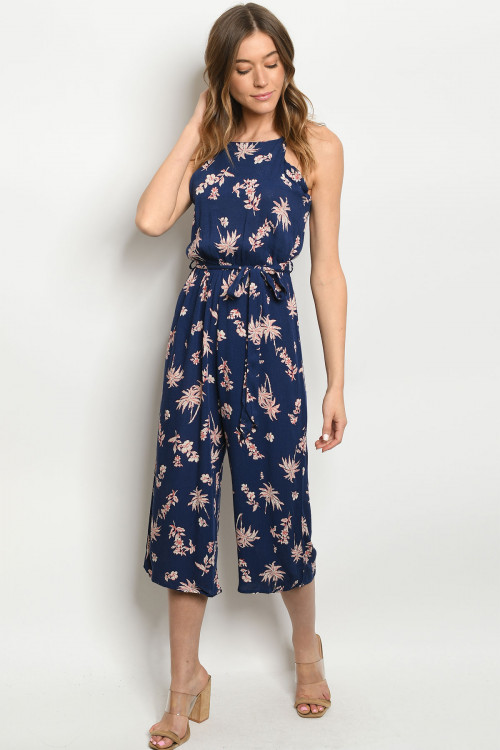 S15-1-1-J6987 NAVY WITH LEAVES PRINT JUMPSUIT 2-2-2