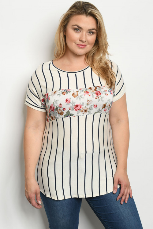 C51-A-3-T50131X IVORY STRIPES FLORAL PLUS SIZE TOP 2-2-2