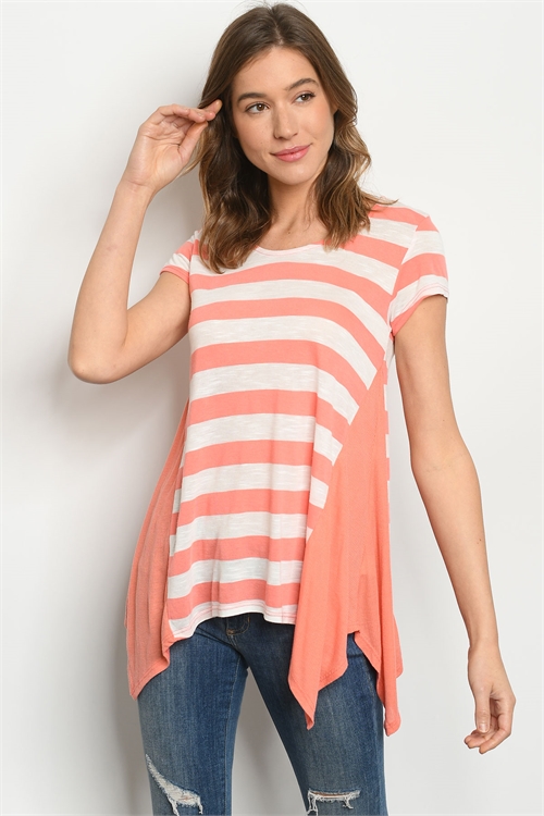 C39-A-3-T7424 CORAL IVORY STRIPES TOP 2-2-2