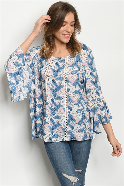 S13-11-3-T6997 PINK WITH FEATHER PRINT TOP 2-2-2