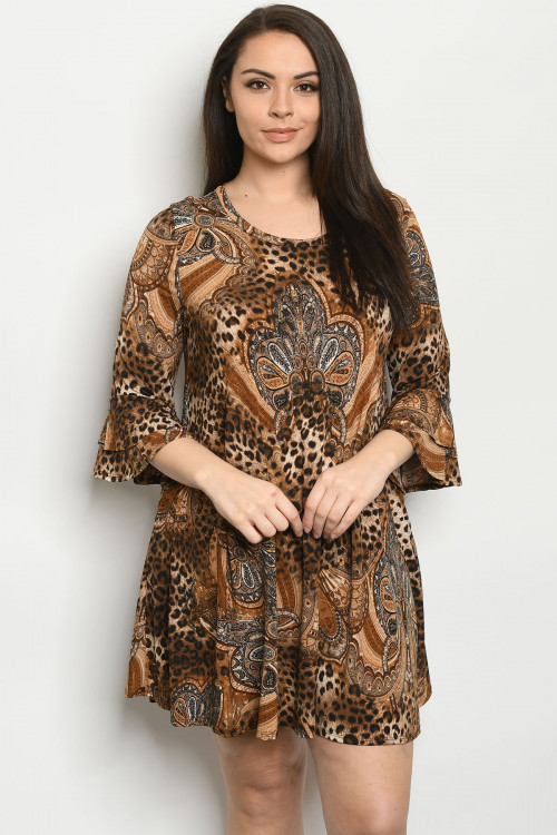 C87-A-1-D3811XS BROWN ANIMAL PRINT PLUS SIZE DRESS 2-2-2