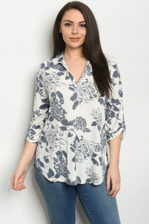 C12-A-2-T5153XS IVORY GREY FLOWERS PLUS SIZE TOP 2-2-2