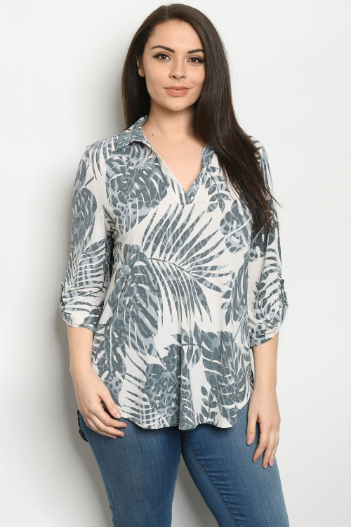 C14-A-1-T5153XS IVORY GREY W/ LEAVES PLUS SIZE TOP 2-2-2