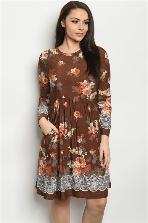 C95-A-1-D50088XS BROWN FLORAL PLUS SIZE DRESS 2-2-2