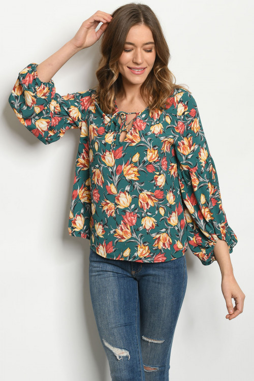 S12-8-2-T0185 GREEN FLORAL TOP 2-2-2