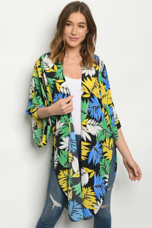 C78-A-1-K10542 BLACK LEAF PRINT KIMONO 2-2-2