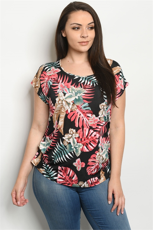 C72-B-1-T8352X BLACK WITH LEAVES PRINT PLUS SIZE TOP 2-2-2