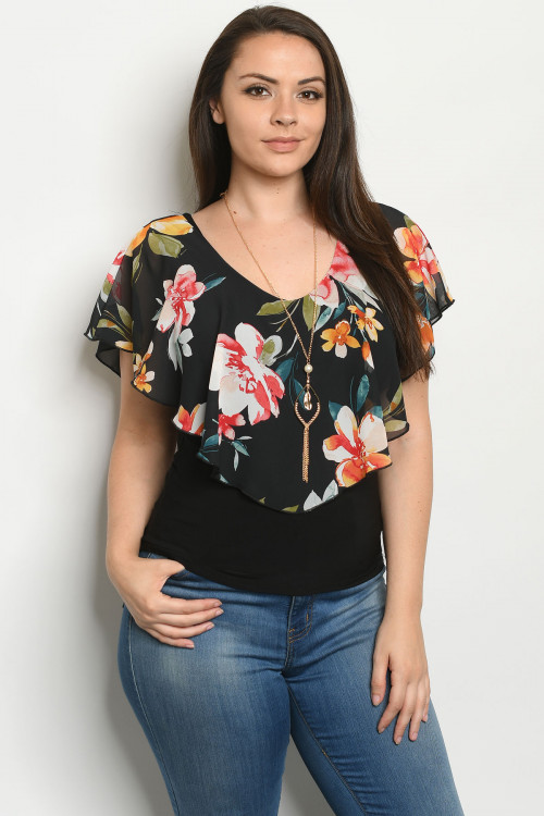 C9-B-2-T3238CX BLACK WITH FLOWER PLUS SIZE TOP 2-2-2