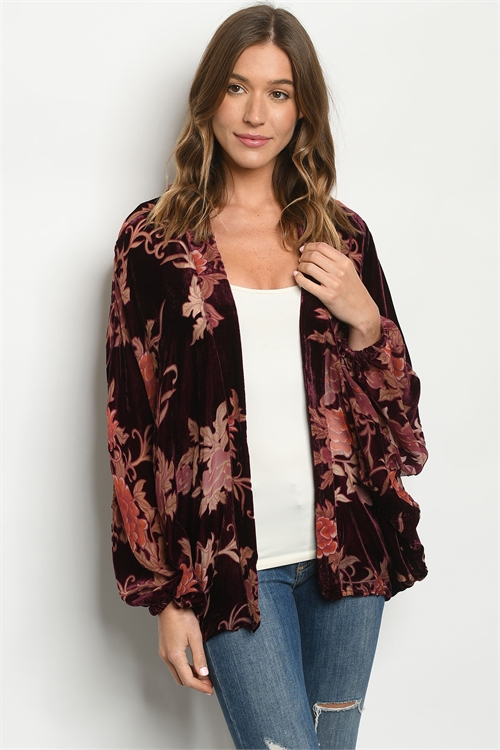 S22-1-1-K00480 BURGUNDY WITH FLOWERS KIMONO 2-2-2