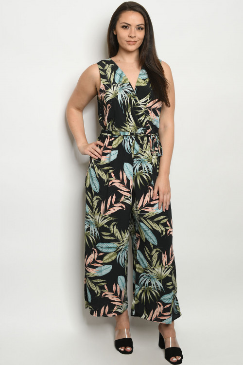 S23-11-3-J10280X NAVY WITH LEAVER PRINT PLUS SIZE JUMPSUIT 2-1